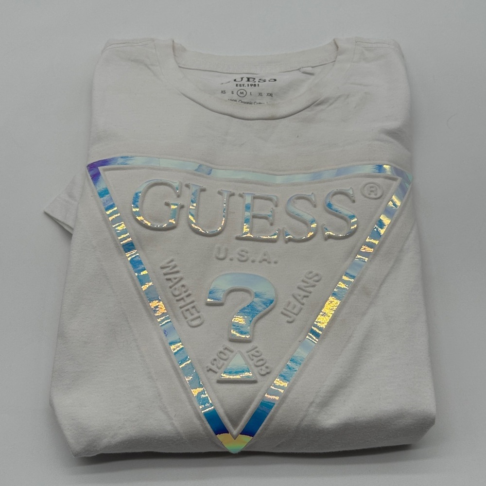Men's White Iridescent Guess Logo T Shirt